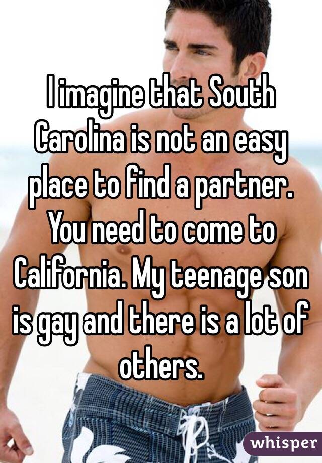 I imagine that South Carolina is not an easy place to find a partner. You need to come to California. My teenage son is gay and there is a lot of others. 