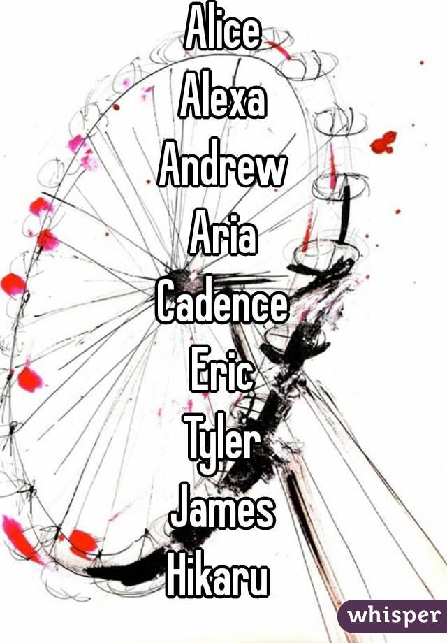 Alice
Alexa
Andrew
Aria
Cadence
Eric
Tyler
James
Hikaru 
