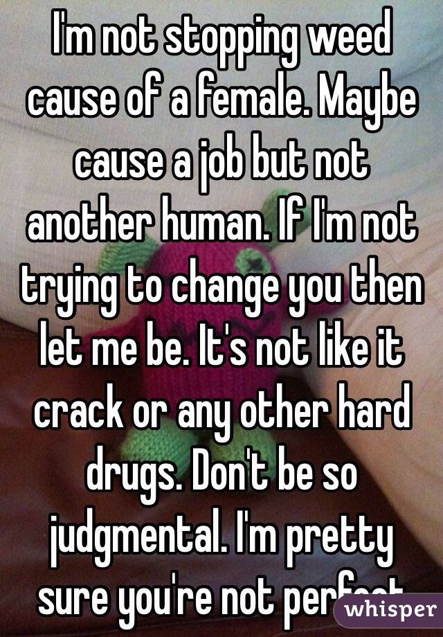 I'm not stopping weed cause of a female. Maybe cause a job but not another human. If I'm not trying to change you then let me be. It's not like it crack or any other hard drugs. Don't be so judgmental. I'm pretty sure you're not perfect 