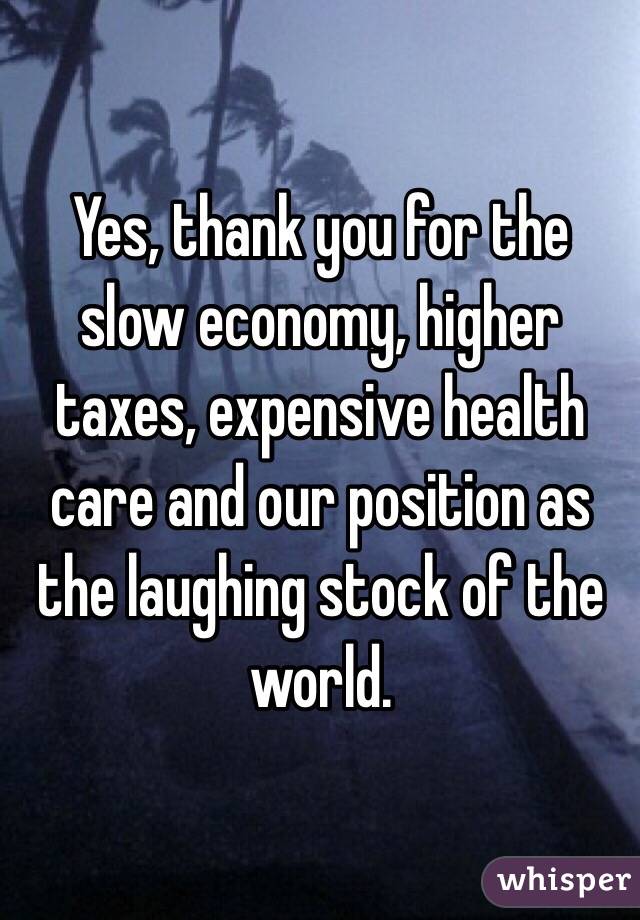 Yes, thank you for the slow economy, higher taxes, expensive health care and our position as the laughing stock of the world. 