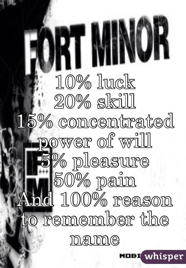 10% luck
20% skill 
15% concentrated power of will 
5% pleasure 
50% pain 
And 100% reason to remember the name