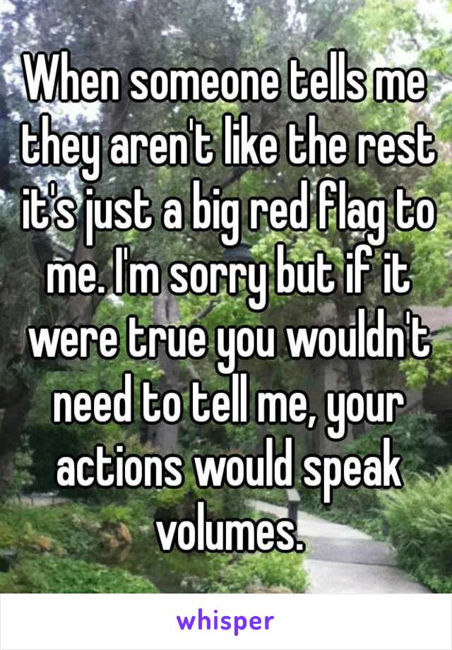 When someone tells me they aren't like the rest it's just a big red flag to me. I'm sorry but if it were true you wouldn't need to tell me, your actions would speak volumes.