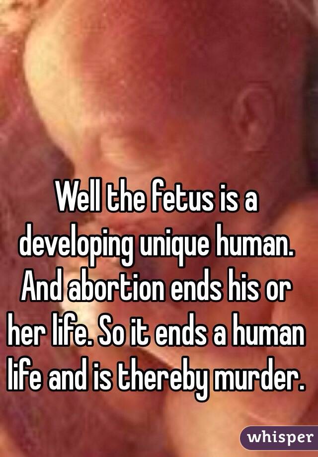 Well the fetus is a developing unique human. And abortion ends his or her life. So it ends a human life and is thereby murder.