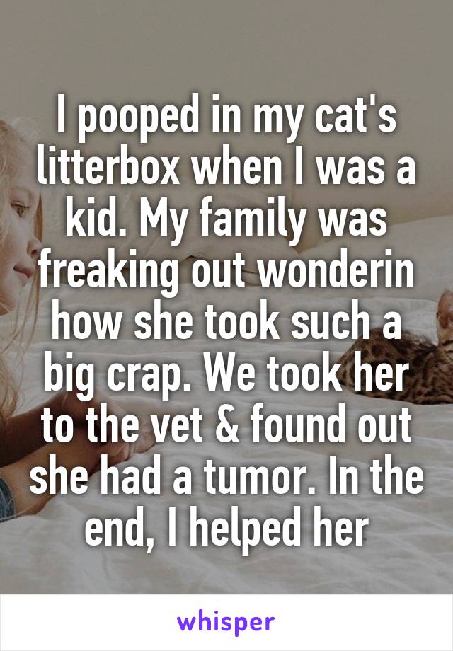 I pooped in my cat's litterbox when I was a kid. My family was freaking out wonderin how she took such a big crap. We took her to the vet & found out she had a tumor. In the end, I helped her