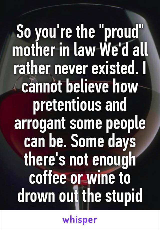 So you're the "proud" mother in law We'd all rather never existed. I cannot believe how pretentious and arrogant some people can be. Some days there's not enough coffee or wine to drown out the stupid