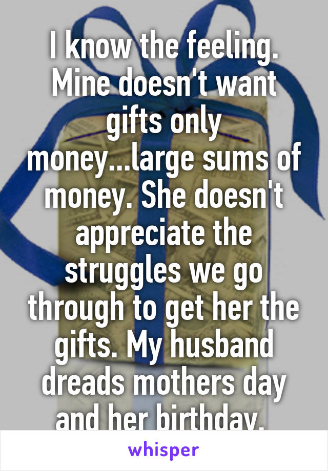 I know the feeling. Mine doesn't want gifts only money...large sums of money. She doesn't appreciate the struggles we go through to get her the gifts. My husband dreads mothers day and her birthday. 
