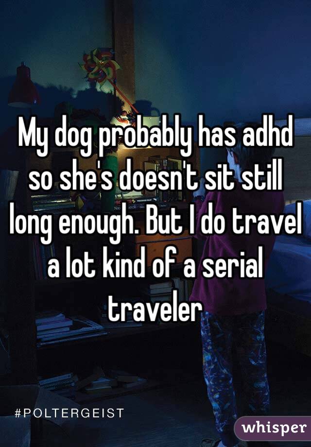 My dog probably has adhd so she's doesn't sit still long enough. But I do travel a lot kind of a serial traveler 