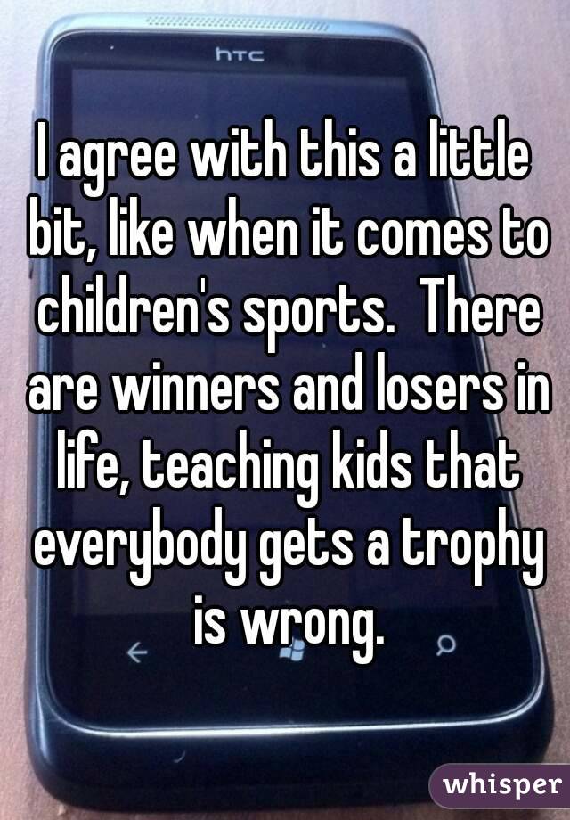 I agree with this a little bit, like when it comes to children's sports.  There are winners and losers in life, teaching kids that everybody gets a trophy is wrong.