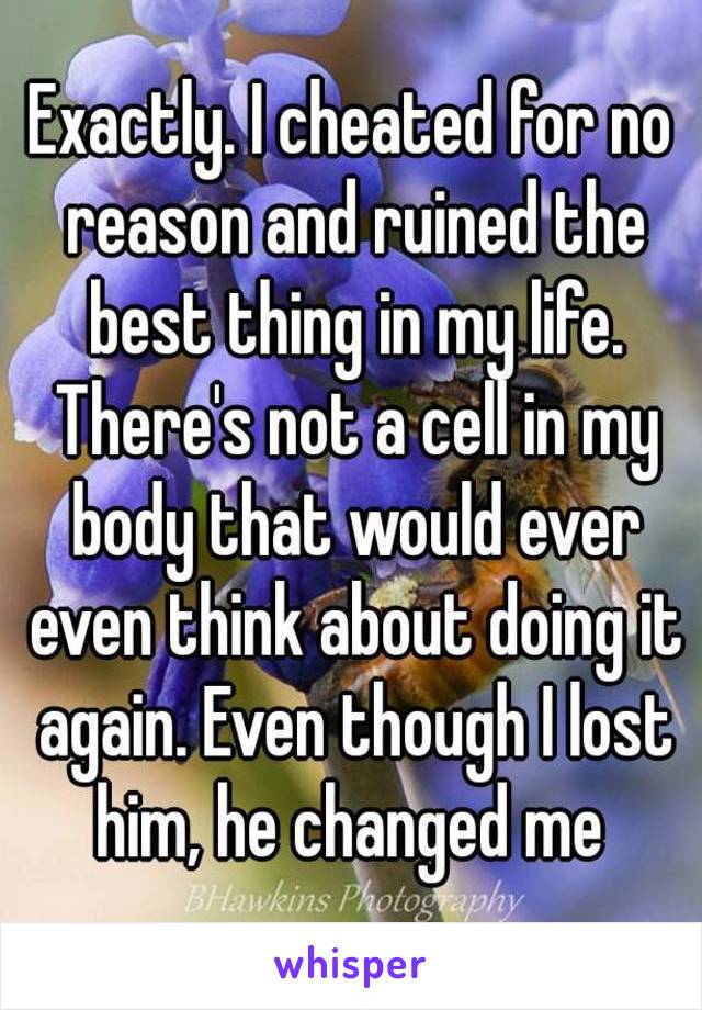 Exactly. I cheated for no reason and ruined the best thing in my life. There's not a cell in my body that would ever even think about doing it again. Even though I lost him, he changed me 