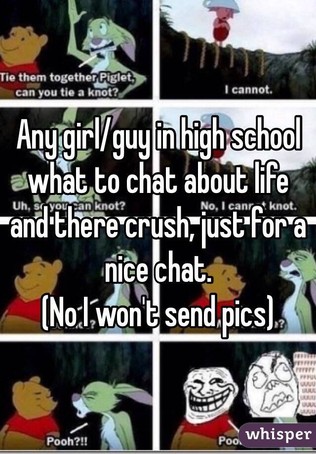 Any girl/guy in high school what to chat about life and there crush, just for a nice chat. 
(No I won't send pics)