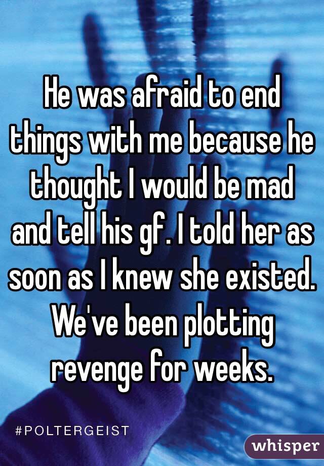 He was afraid to end things with me because he thought I would be mad and tell his gf. I told her as soon as I knew she existed. We've been plotting revenge for weeks. 