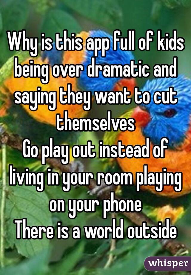 Why is this app full of kids being over dramatic and saying they want to cut themselves 
Go play out instead of living in your room playing on your phone 
There is a world outside 