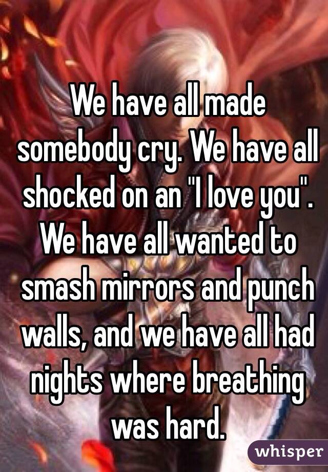 We have all made somebody cry. We have all shocked on an "I love you". We have all wanted to smash mirrors and punch walls, and we have all had nights where breathing was hard. 