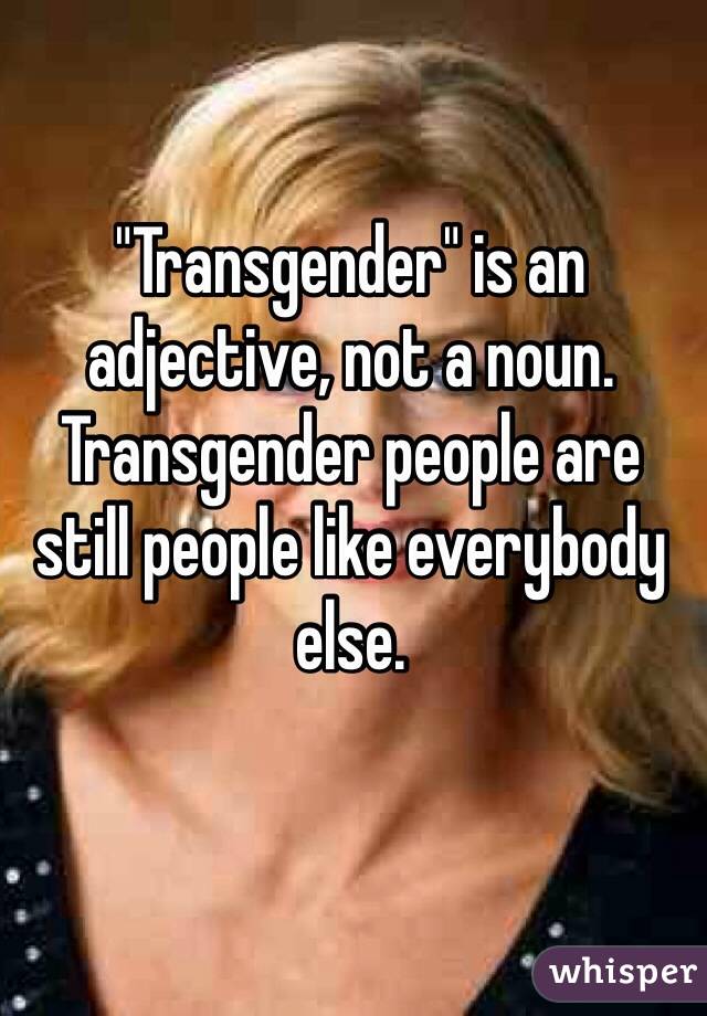 "Transgender" is an adjective, not a noun. Transgender people are still people like everybody else.