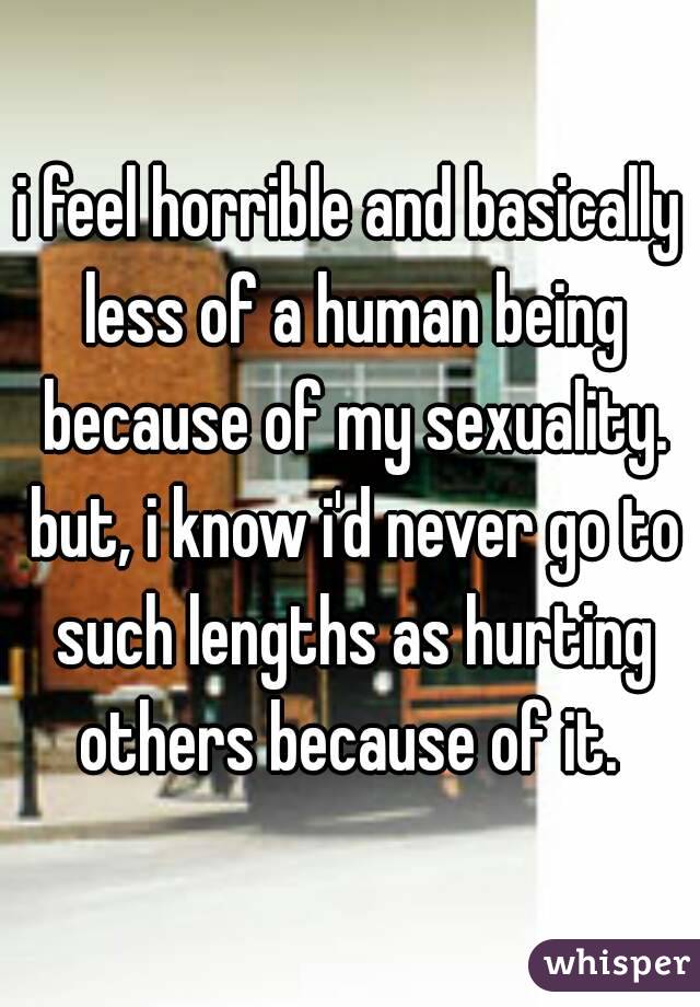 i feel horrible and basically less of a human being because of my sexuality. but, i know i'd never go to such lengths as hurting others because of it. 