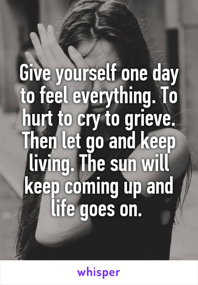 Give yourself one day to feel everything. To hurt to cry to grieve. Then let go and keep living. The sun will keep coming up and life goes on. 