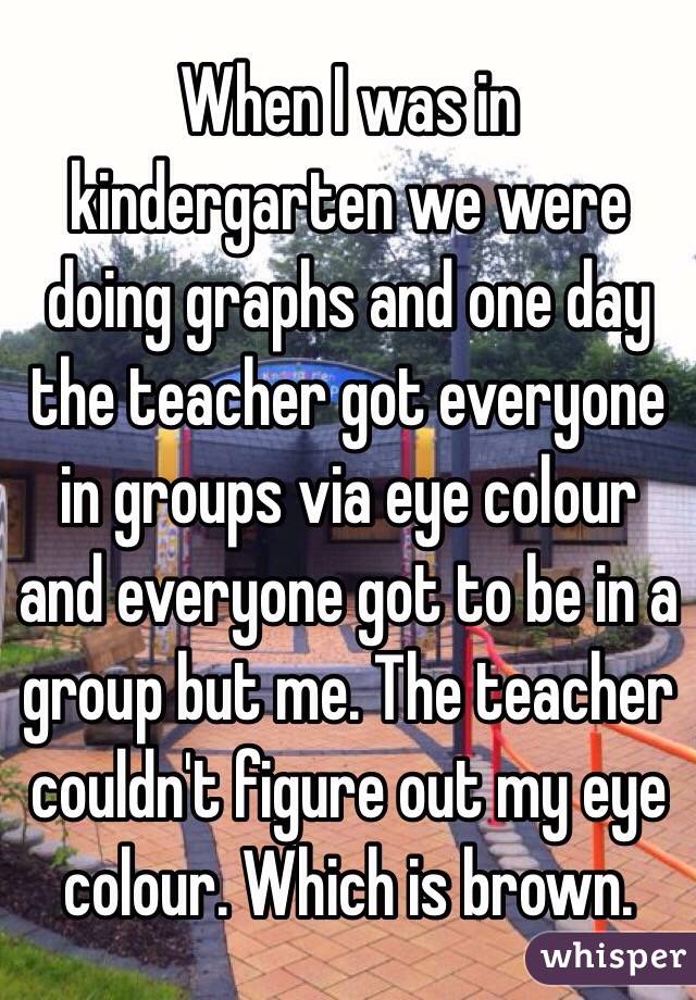 When I was in kindergarten we were doing graphs and one day the teacher got everyone in groups via eye colour and everyone got to be in a group but me. The teacher couldn't figure out my eye colour. Which is brown. 