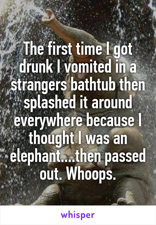 The first time I got drunk I vomited in a strangers bathtub then splashed it around everywhere because I thought I was an elephant....then passed out. Whoops.