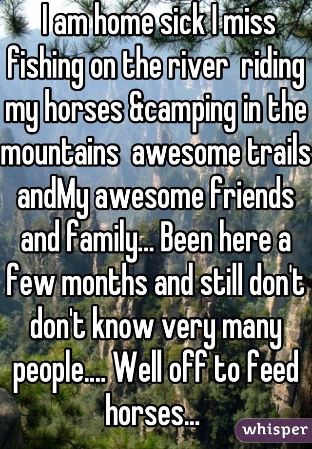  I am home sick I miss fishing on the river  riding my horses &camping in the mountains  awesome trails andMy awesome friends and family... Been here a few months and still don't don't know very many people.... Well off to feed horses... 