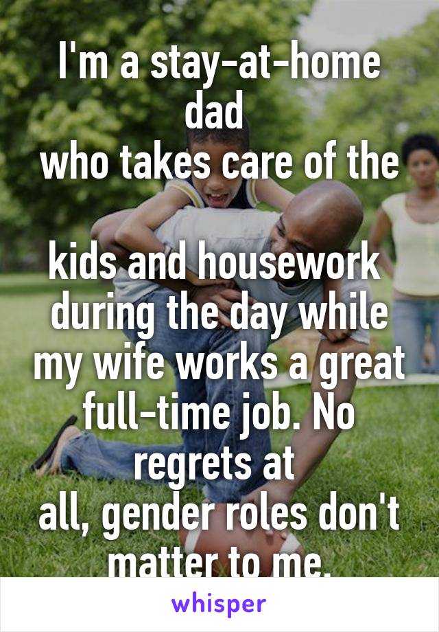 I'm a stay-at-home dad 
who takes care of the 
kids and housework 
during the day while my wife works a great full-time job. No regrets at 
all, gender roles don't matter to me.