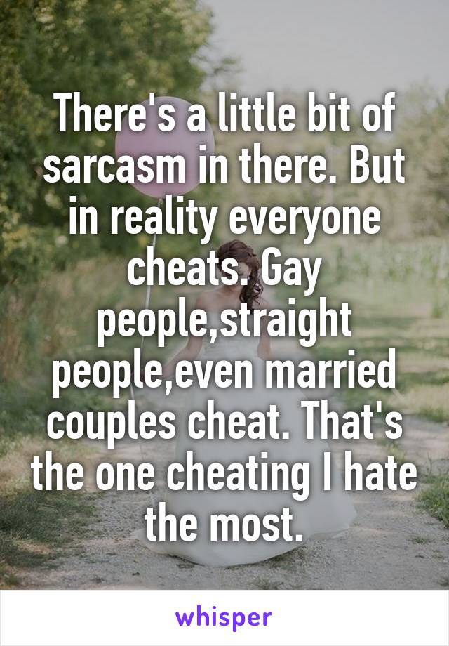 There's a little bit of sarcasm in there. But in reality everyone cheats. Gay people,straight people,even married couples cheat. That's the one cheating I hate the most.