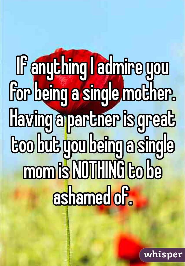 If anything I admire you for being a single mother. Having a partner is great too but you being a single mom is NOTHING to be ashamed of.