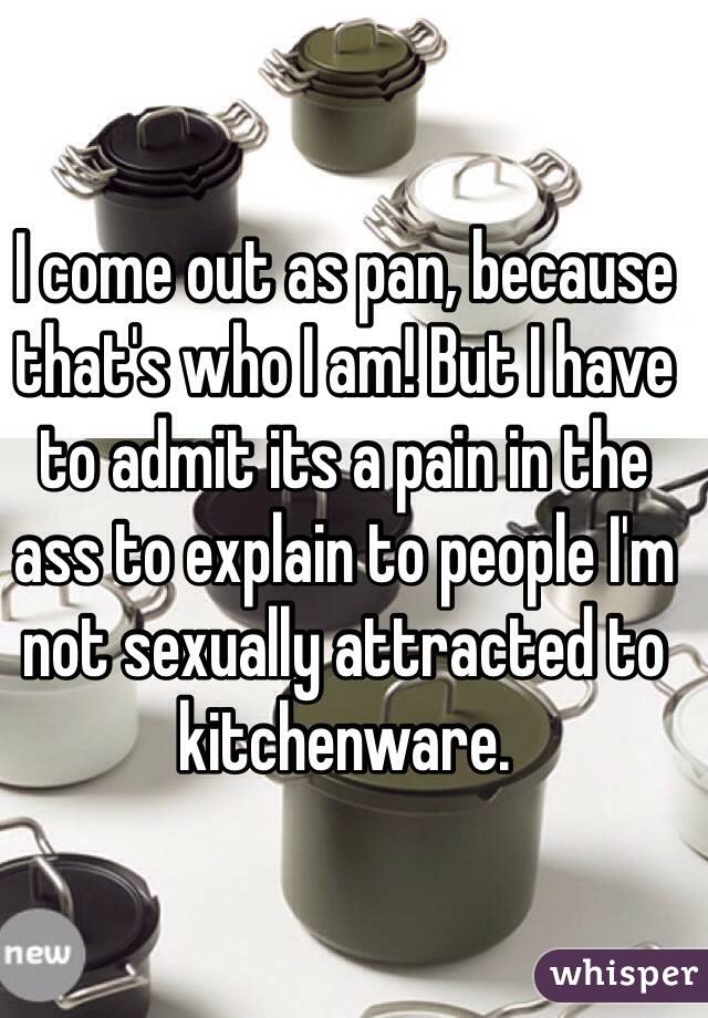 I come out as pan, because that's who I am! But I have to admit its a pain in the ass to explain to people I'm not sexually attracted to kitchenware.