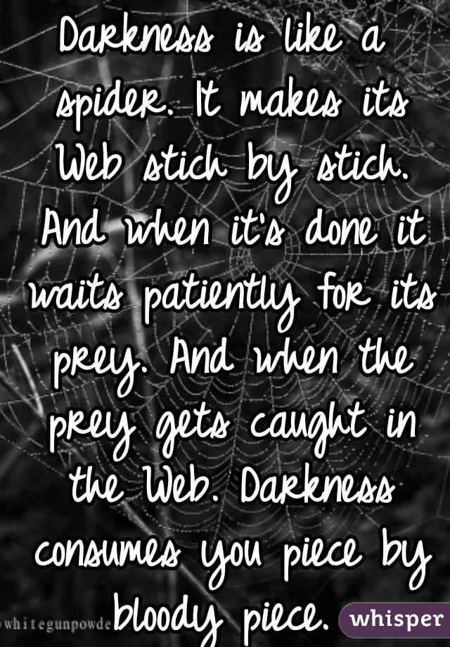 Darkness is like a spider. It makes its Web stich by stich. And when it's done it waits patiently for its prey. And when the prey gets caught in the Web. Darkness consumes you piece by bloody piece. 
