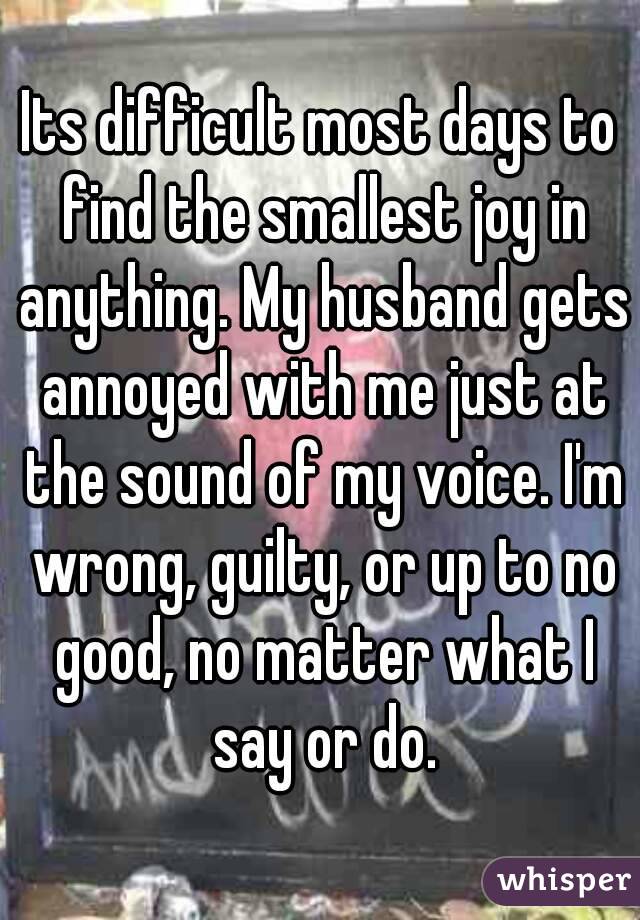 Its difficult most days to find the smallest joy in anything. My husband gets annoyed with me just at the sound of my voice. I'm wrong, guilty, or up to no good, no matter what I say or do.