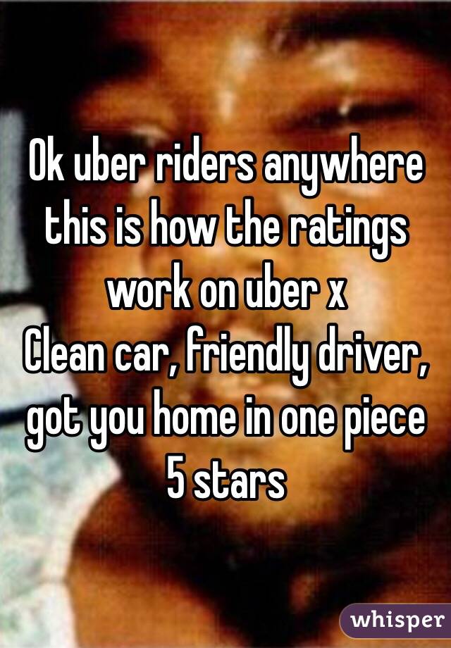 Ok uber riders anywhere this is how the ratings work on uber x
Clean car, friendly driver,  got you home in one piece
5 stars 