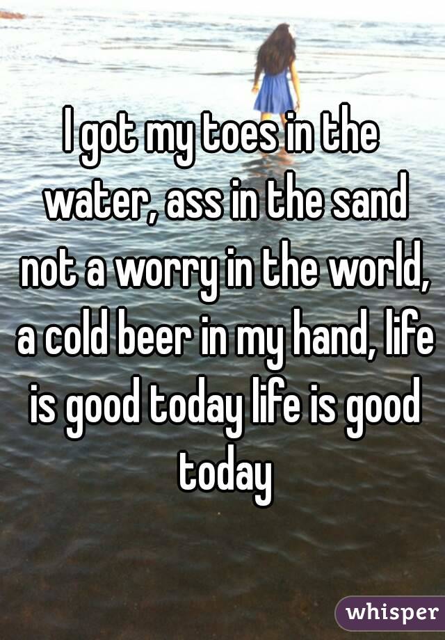I got my toes in the water, ass in the sand not a worry in the world, a cold beer in my hand, life is good today life is good today