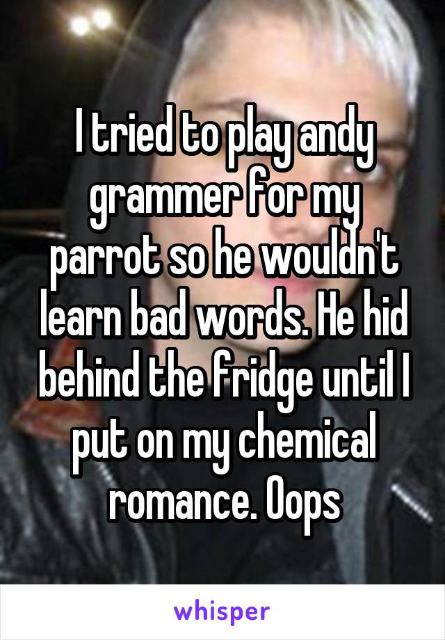 I tried to play andy grammer for my parrot so he wouldn't learn bad words. He hid behind the fridge until I put on my chemical romance. Oops