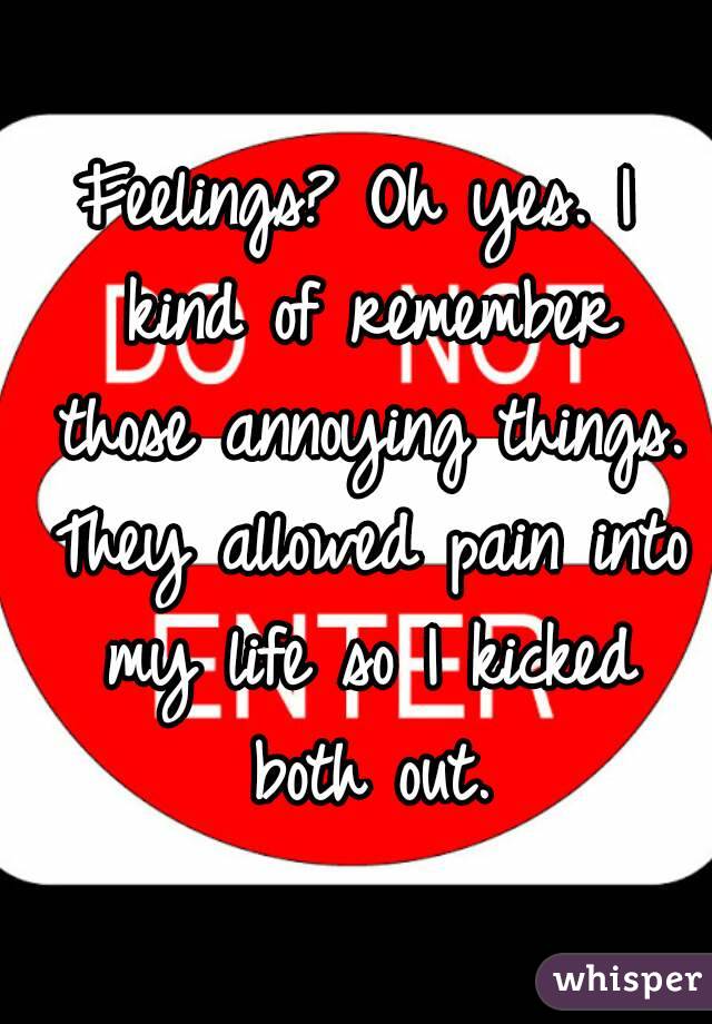 Feelings? Oh yes. I kind of remember those annoying things. They allowed pain into my life so I kicked both out.