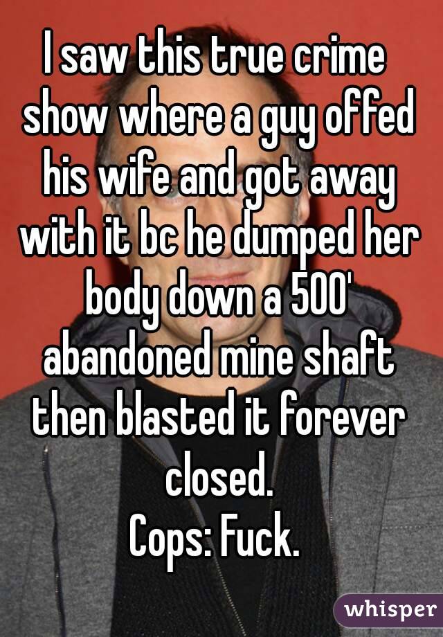 I saw this true crime show where a guy offed his wife and got away with it bc he dumped her body down a 500' abandoned mine shaft then blasted it forever closed.
Cops: Fuck.