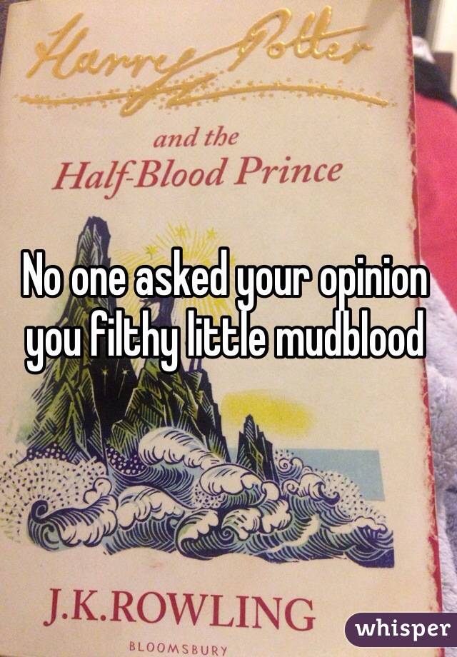 No one asked your opinion you filthy little mudblood 