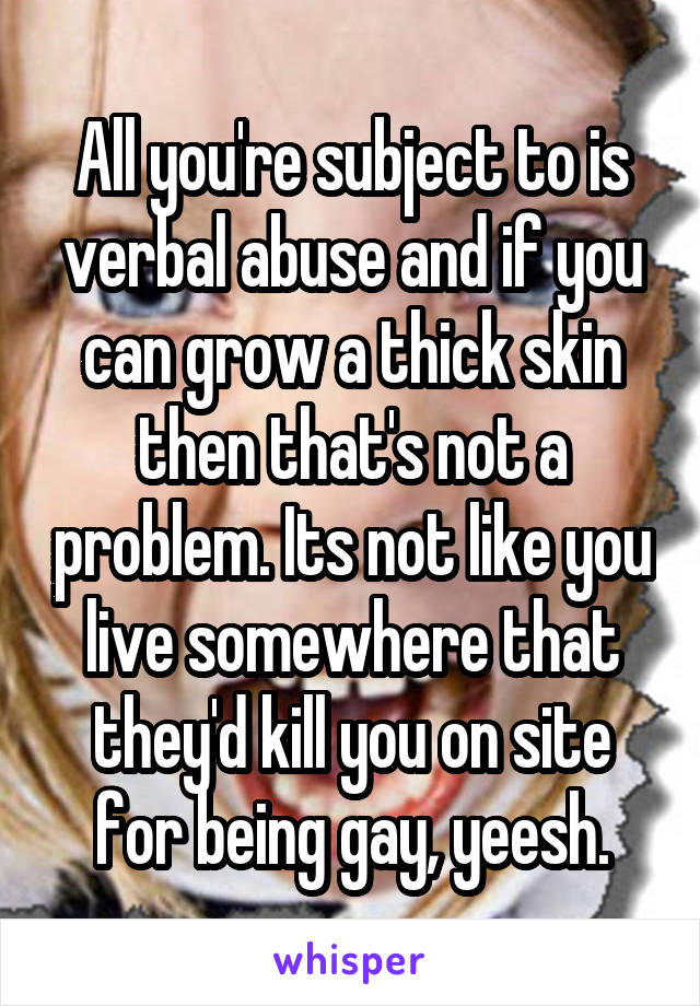 All you're subject to is verbal abuse and if you can grow a thick skin then that's not a problem. Its not like you live somewhere that they'd kill you on site for being gay, yeesh.