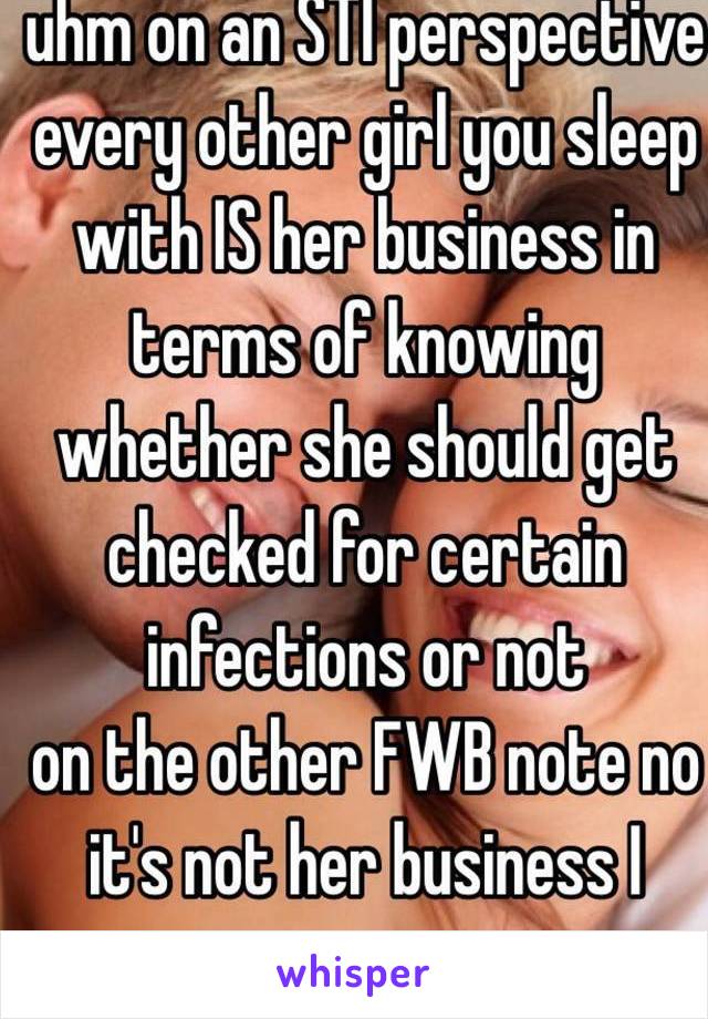 uhm on an STI perspective 
every other girl you sleep with IS her business in terms of knowing whether she should get checked for certain infections or not 
on the other FWB note no it's not her business I guess 