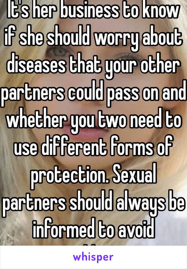 It's her business to know if she should worry about diseases that your other partners could pass on and whether you two need to use different forms of protection. Sexual partners should always be informed to avoid problems.