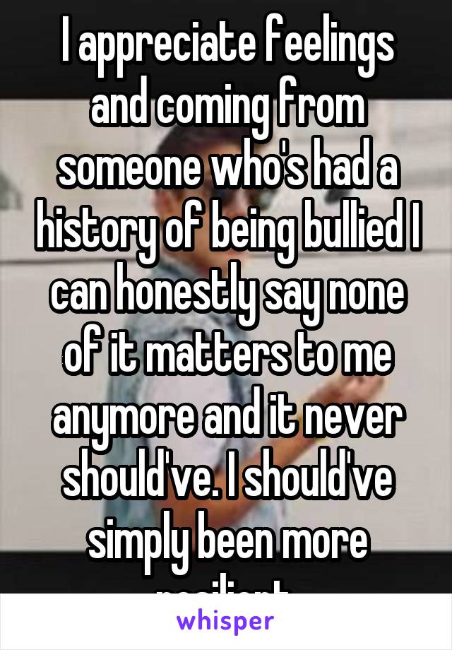 I appreciate feelings and coming from someone who's had a history of being bullied I can honestly say none of it matters to me anymore and it never should've. I should've simply been more resilient.