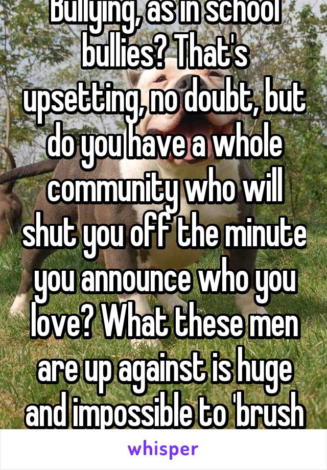 Bullying, as in school bullies? That's upsetting, no doubt, but do you have a whole community who will shut you off the minute you announce who you love? What these men are up against is huge and impossible to 'brush off'.