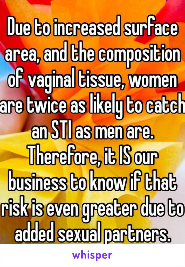 Due to increased surface area, and the composition of vaginal tissue, women are twice as likely to catch an STI as men are. Therefore, it IS our business to know if that risk is even greater due to added sexual partners. 