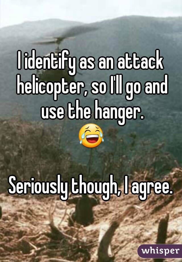 I identify as an attack helicopter, so I'll go and use the hanger.
😂

Seriously though, I agree.