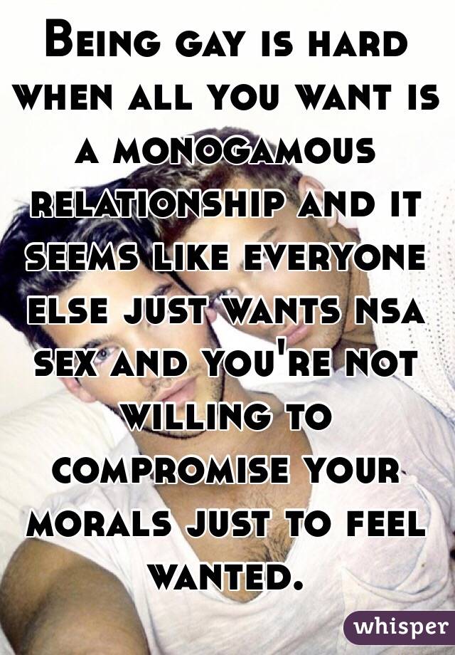 Being gay is hard when all you want is a monogamous relationship and it seems like everyone else just wants nsa sex and you're not willing to compromise your morals just to feel wanted. 