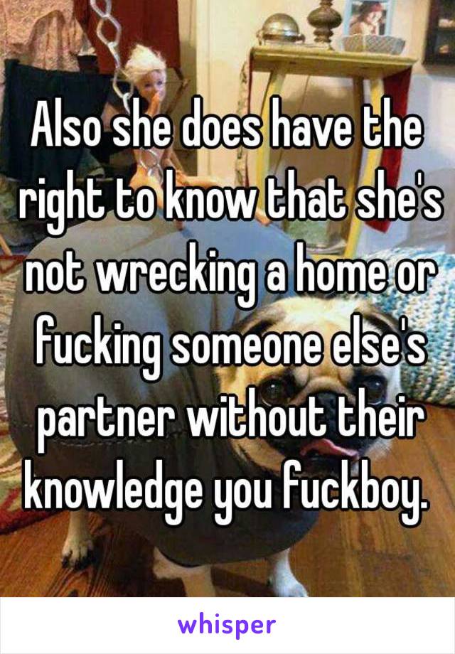 Also she does have the right to know that she's not wrecking a home or fucking someone else's partner without their knowledge you fuckboy. 
