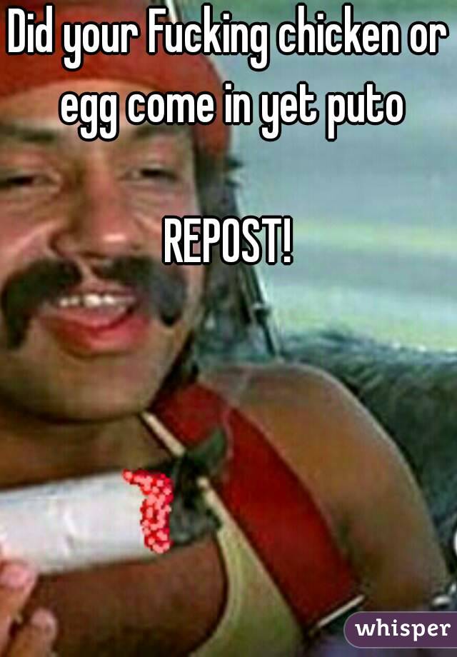 Did your Fucking chicken or egg come in yet puto

REPOST!