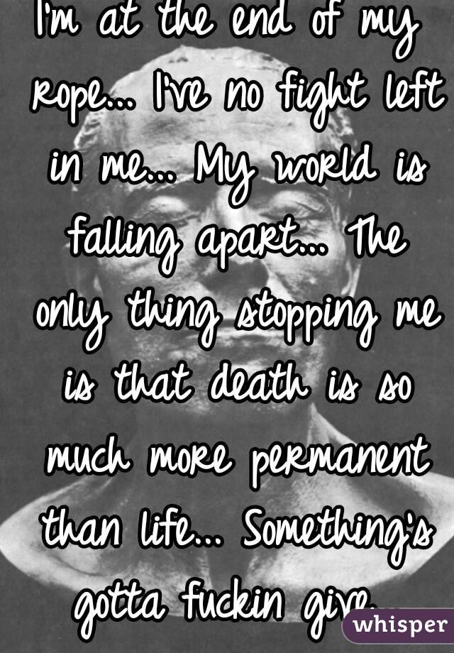 I'm at the end of my rope... I've no fight left in me... My world is falling apart... The only thing stopping me is that death is so much more permanent than life... Something's gotta fuckin give...