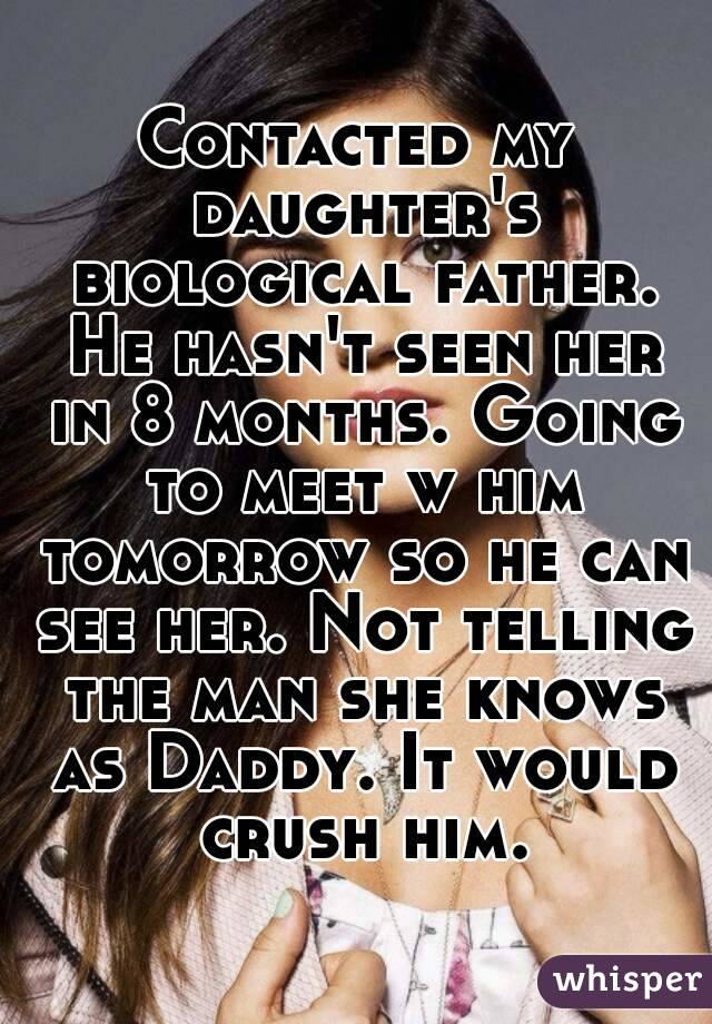 Contacted my daughter's biological father. He hasn't seen her in 8 months. Going to meet w him tomorrow so he can see her. Not telling the man she knows as Daddy. It would crush him.