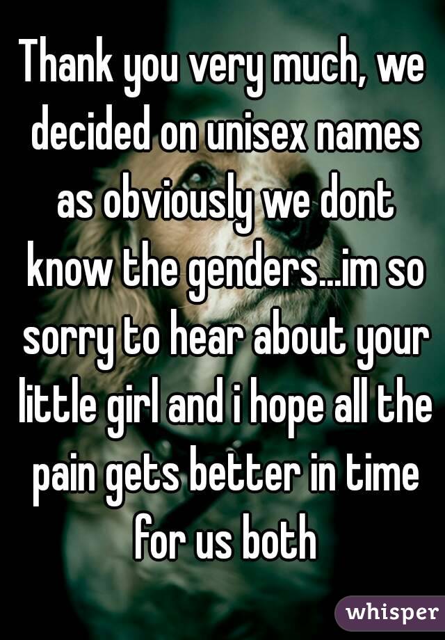 Thank you very much, we decided on unisex names as obviously we dont know the genders...im so sorry to hear about your little girl and i hope all the pain gets better in time for us both