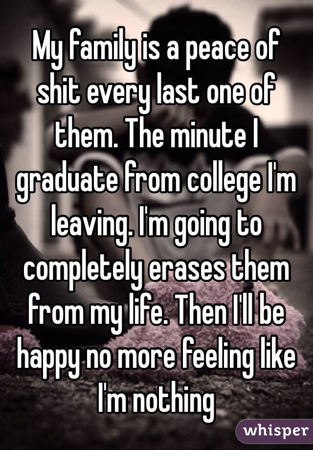 My family is a peace of shit every last one of them. The minute I graduate from college I'm leaving. I'm going to completely erases them from my life. Then I'll be happy no more feeling like I'm nothing 