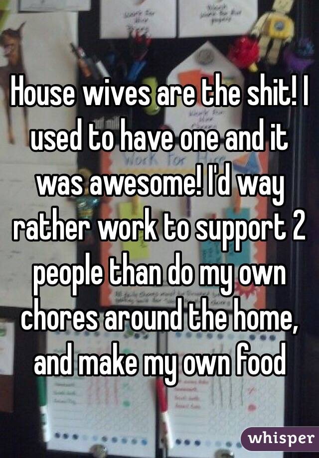 House wives are the shit! I used to have one and it was awesome! I'd way rather work to support 2 people than do my own chores around the home, and make my own food